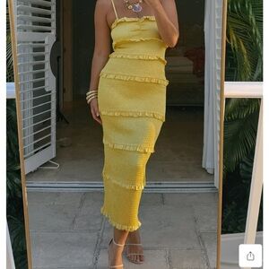Show Me Your MuMu Yellow Bodycon Midi Dress Stella luxe satin  yellow smocked